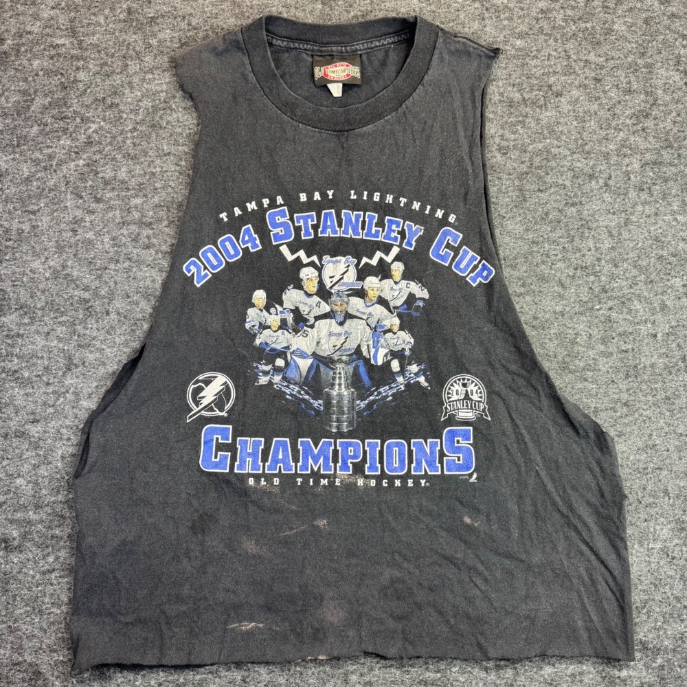 Vtg Tampa Bay‎ Lightning Raw Chopped Tank Top Mens L Black 2004 Stanley Cup